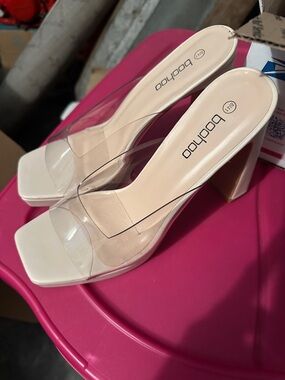 Boohoo Nude Block Heel Mules with Clear Strap